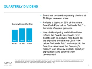 • Board has declared a quarterly dividend of
$0.20 per common share
• Reflects a payout of 55% of the annual
Free Cash Flow before Dividends Paid* on
the basis of current guidance
• New dividend policy and dividend level
reflects the Board's intention to more
closely align to a payout ratio based on
the expected annual Free Cash Flow
before Dividends Paid* and subject to the
Board's evaluation of the Company's
medium term strategy, outlook, cash flow
expectations and balance sheet
development
QUARTERLY DIVIDEND
$0.19 $0.20 $0.20
$0.10
$0.12
$0.14
$0.16
$0.18
$0.20
$0.22
Q1 2015 Q1 2016 Q1 2017
Quarterly Dividend Per Share
*THIS SLIDE CONTAINS NON-GAAP FINANCIAL MEASURES. PLEASE REFER TO SLIDE 3 FOR A DESCRIPTION OF THE ASSUMPTIONS MADE WITH RESPECT TO
AND RISKS RELATED TO THE 2017 FORECASTS, SLIDE 4 FOR A DETAILED DESCRIPTION OF SUCH NON-GAAP FINANCIAL MEASURES, AND SLIDE 5 FOR A
RECONCILIATION TABLE TO THE MOST DIRECTLY COMPARABLE GAAP MEASURE, IF ANY.
39
 