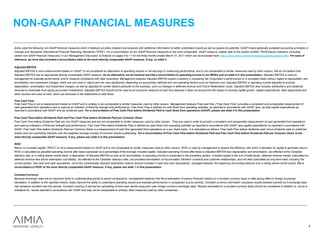 Aimia uses the following non-GAAP financial measures which it believes provides investors and analysts with additional information to better understand results as well as assess its potential. GAAP means generally accepted accounting principles in
Canada and represents International Financial Reporting Standards (“IFRS”). For a reconciliation of non-GAAP financial measures to the most comparable GAAP measure, please refer to the section entitled “Performance Indicators (including
certain non-GAAP financial measures)” in our Management Discussion & Analysis on pages 8 to 11 for the three months ended March 31, 2017 which can be accessed here: https://www.aimia.com/en/investors/quarterly-reports.html. For ease of
reference, we have also included a reconciliation table to the most directly comparable GAAP measure, if any, on slide 5.
Adjusted EBITDA
Adjusted EBITDA is not a measurement based on GAAP, is not considered an alternative to operating income or net earnings in measuring performance, and is not comparable to similar measures used by other issuers. We do not believe that
Adjusted EBITDA has an appropriate directly comparable GAAP measure. As an alternative, we do however provide a reconciliation to operating income in our MD&A and on slide 5 in this presentation. Adjusted EBITDA is used by
management to evaluate performance, and to measure compliance with debt covenants. Management believes Adjusted EBITDA assists investors in comparing the Corporation’s performance on a consistent basis without regard to depreciation and
amortization and impairment charges, which are non-cash in nature and can vary significantly depending on accounting methods and non-operating factors such as historical cost. Adjusted EBITDA is operating income adjusted to exclude
depreciation, amortization and impairment charges, as well as adjusted for certain factors particular to the business, such as changes in deferred revenue and Future Redemption Costs. Adjusted EBITDA also includes distributions and dividends
received or receivable from equity-accounted investments. Adjusted EBITDA should not be used as an exclusive measure of cash flow because it does not account for the impact of working capital growth, capital expenditures, debt repayments and
other sources and uses of cash, which are disclosed in the statements of cash flows.
Free Cash Flow
Free Cash Flow is not a measurement based on GAAP and is unlikely to be comparable to similar measures used by other issuers. Management believes Free cash flow (“Free Cash Flow”) provides a consistent and comparable measurement of
cash generated from operations and is used as an indicator of financial strength and performance. Free Cash Flow is defined as cash flows from operating activities, as reported in accordance with GAAP, less: (a) total capital expenditures as
reported in accordance with GAAP; and (b) dividends paid. For a reconciliation of Free Cash Flow before Dividends Paid to cash flows from operations (GAAP), please see slide 5 in this presentation.
Free Cash Flow before Dividends Paid and Free Cash Flow before Dividends Paid per Common Share
Free Cash Flow before Dividends Paid are non-GAAP measures and are not comparable to similar measures used by other issuers. They are used in order to provide a consistent and comparable measurement of cash generated from operations
and used as indicators of financial strength and performance. Free Cash Flow before Dividends Paid is defined as cash flows from operating activities as reported in accordance with GAAP, less capital expenditures as reported in accordance with
GAAP. Free Cash Flow before Dividends Paid per Common Share is a measurement of cash flow generated from operations on a per share basis. It is calculated as follows: Free Cash Flow before dividends paid minus dividends paid on preferred
shares and non-controlling interests over the weighted average number of common shares outstanding. For a reconciliation of Free Cash Flow before Dividends Paid and Free Cash Flow before Dividends Paid per Common Share to the
most directly comparable GAAP measure, if any, please see slide 5 in this presentation.
ROIC
Return on invested capital (“ROIC”) is not a measurement based on GAAP and is not comparable to similar measures used by other issuers. ROIC is used by management to assess the efficiency with which it allocates its capital to generate returns.
ROIC is calculated as adjusted operating income after taxes expressed as a percentage of the average invested capital. Adjusted operating income after taxes is Adjusted EBITDA less depreciation and amortization, tax effected at the Canadian
statutory rate, on a rolling twelve-month basis. A description of Adjusted EBITDA as well as its reconciliation to operating income is presented in the preceding section. Invested capital is the sum of total equity, deferred revenue margin (calculated as
deferred revenue less future redemption cost liability, tax effected at the Canadian statutory rate), accumulated amortization of Accumulation Partners' contracts and customer relationships, and net debt (calculated as long-term debt, including the
current portion, less cash and cash equivalents, net of any contractually required redemption reserve amount included in cash and cash equivalents), averaged between the beginning and ending balance over a rolling twelve-month period. For a
reconciliation of ROIC to the most directly comparable GAAP measure, if any, please see slide 7 in this presentation.
Constant Currency
Because exchange rates are an important factor in understanding period to period comparisons, management believes that the presentation of various financial metrics on a constant currency basis or after giving effect to foreign exchange
translation, in addition to the reported metrics, helps improve the ability to understand operating results and evaluate performance in comparison to prior periods. Constant currency information compares results between periods as if exchange rates
had remained constant over the periods. Constant currency is derived by calculating current-year results using prior-year foreign currency exchange rates. Results calculated on a constant currency basis should be considered in addition to, not as a
substitute for, results reported in accordance with GAAP and may not be comparable to similarly titled measures used by other companies.
NON-GAAP FINANCIAL MEASURES
4
 