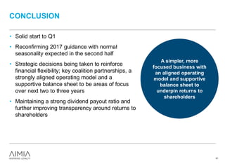 CONCLUSION
41
A simpler, more
focused business with
an aligned operating
model and supportive
balance sheet to
underpin returns to
shareholders
• Solid start to Q1
• Reconfirming 2017 guidance with normal
seasonality expected in the second half
• Strategic decisions being taken to reinforce
financial flexibility; key coalition partnerships, a
strongly aligned operating model and a
supportive balance sheet to be areas of focus
over next two to three years
• Maintaining a strong dividend payout ratio and
further improving transparency around returns to
shareholders
 