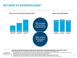 $0.64 $0.90 $1.24
$0.00
$0.20
$0.40
$0.60
$0.80
$1.00
$1.20
$1.40
Q2 2015 Q2 2016 Q2 2017
RETURNS TO SHAREHOLDERS*
48
(1) Trailing twelve months Free Cash Flow before Dividends Paid per Common Share and is calculated as: (Trailing twelve months Free Cash Flow before common and preferred dividends paid, less preferred
dividends paid, dividends to non-controlling interests paid, and non-recurring item) / weighted average common shares outstanding.
(2) Excludes tax proceeds of $27.9 million related to loss carry back, offset by a $20.7 million deposit made to Revenue Quebec.
(3) Excludes $20.7 million in total tax refund received and $16.3 million severance payments relating to the organizational changes announced on August 14, 2015.
(4) Excludes the $50.3 million tax refund received and $12.5 million in severance payments relating to the organizational changes announced on August 14, 2015.
(5) ROIC is calculated as adjusted operating income after taxes expressed as a percentage of the average invested capital and is calculated on a trailing twelve months basis.
FCF per Common Share before Dividends Paid(1)
6.0%
6.3%
5.9%
$0.00
$0.01
$0.02
$0.03
$0.04
$0.05
$0.06
$0.07
Q4 2016 Q1 2017 Q2 2017
38% increase
in Free Cash
Flow per share
Return on Invested Capital(5)
(2) (3) (4)
*THIS SLIDE CONTAINS NON-GAAP FINANCIAL MEASURES. PLEASE REFER TO SLIDE 4 FOR A DETAILED DESCRIPTION OF SUCH NON-GAAP FINANCIAL
MEASURES AND SLIDE 5 AND 7 FOR A RECONCILIATION TABLE TO THE MOST DIRECTLY COMPARABLE GAAP MEASURE, IF ANY.
ROIC of 5.9%
at the end of
Q2 2017
 