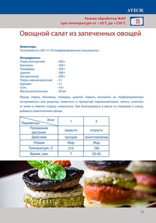 19
Овощной салат из запеченных овощей
Овощи (перец, баклажан, помидор, цукини) помыть, выложить на перфорированную
гастроемкость или решетку, поместить в прогретый пароконвектомат, запечь, очистить
от кожи и семечек (перец), измельчить. Лук бланшировать в масле со специями и солью,
добавить измельченные овощи.
Время, мин 7 7-10
Буженина
1 2 3
Положение
заслонки
закрыто открыто открыто
Действие прогрев приготовление приготовление
Режим Жар Жар Жар
Температура˚С 180 180 115
Время, мин 7 4
Щуп˚С 80
Запеченый картофель
1 2
Положение
заслонки
закрыто открыто
Действие прогрев приготовление
Режим Жар Жар
Температура˚С 220 190
Время,мин 7 45-60
Овощная салат из запеченых овощей
1 2
Положение
заслонки
закрыто открыто
Действие прогрев приготовление
Режим Жар Жар
Температура˚С 210 180
Время, мин 7 35-40
Страница 6
Этап
Параметры
Этап
Параметры
Этап
Параметры
Режим обработки ЖАР
при температуре от +30°C до +250°C
Инвентарь:
Гастроемкость GN-1/1-20 (перфорированная) или решетка
Ингредиенты:
Перец болгарский	 - 200 г
Баклажан 			 - 300 г
Помидоры			 - 300 г
Цукини			 - 300 г
Лук репчатый		 - 200 г
Перец черный молотый	 - 5 г
Куркума			 - 5 г
Соль 				 - 10 г
Масло растительное	 - 50 мл
Температура,˚С
Время, мин
 