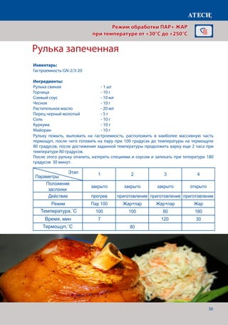 36
Рулька запеченная
Лист1
Капуста тушеная
1 2 3
Положение
заслонки
закрыто закрыто закрыто
Действие прогрев приготовление приготовление
Режим Жар+Пар Жар+Пар Жар+Пар
Температура˚С 120 120 155
Время, мин 7 20-25 10-12
Плов
1 2 3 4
+
Положение
заслонки
закрыто закрыто закрыто закрыто
Действие прогрев приготовление приготовление приготовление
Режим Жар Жар+Пар Жар+Пар Жар+Пар
Температура˚С 200 180 180 160
Время, мин 7 8-10 10-12 30
Рулька запеченная
1 2 3 4
Положение
заслонки
закрыто закрыто закрыто открыто
Действие прогрев приготовление приготовление приготовление
Режим Пар 100 Жар+пар Жар+пар Жар
Температура˚С 100 100 80 180
Время, мин 7 120 30
Этап
Параметры
Продукт мясо мясо
80
1 2
Положение
заслонки
закрыто открыто
Действие прогрев приготовление
Режим Жар Жар
Температура˚С 200 170
Время, мин 7 35-45
Рыба в соли
Этап
Параметры
Этап
Параметры
Этап
Параметры
˚С
Рульку помыть, выложить на гастроемкость, расположить в наиболее массивную часть
термощуп, после чего готовить на пару при 100 градусах до температуры на термощупе
80 градусов, после достижения заданной температуры продолжить варку еще 2 часа при
температуре 80 градусов.
После этого рульку опалить, натереть специями и соусом и запекать при тепературе 180
градусов 30 минут.
Режим обработки ПАР+ ЖАР
при температуре от +30°C до +250°C
Инвентарь:
Гастроемкость GN-2/3-20
Ингредиенты:
Рулька свиная 			 - 1 шт
Горчица				- 10 г
Соевый соус			 - 10 мл
Чеснок				- 10 г
Растительное масло		 - 20 мл
Перец черный молотый		 - 5 г
Соль					- 10 г
Куркума				- 10 г
Майоран				- 10 г
Температура,˚С
Время, мин
Термощуп,˚С
 