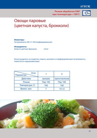 42
Режим обработки ПАР
при температуре +100°C
Овощи паровые
(цветная капуста, брокколи)
Лист1
ПАР 3 раздел
Рис
1 2
Действие прогрев приготовление
Режим Пар 100 Пар 100
Температура,˚С 100 100
Время, мин 7 30-35
Овощи паровые (цветная капуста, брокколи)
1 2
Действие прогрев приготовление
Режим Пар 100 Пар 100
Температура,˚С 100 100
Время, мин 7 10-12
Гречка паровая
1 2
Действие прогрев приготовление
Режим Пар 100 Пар 100
Температура,˚С 100 100
Время, мин 7 30
Рыба паровая
1 2
Действие прогрев приготовление
Режим Жар+пар Жар+Пар
Температура,˚С 85 85
Этап
Параметры
Этап
Параметры
Этап
Параметры
Этап
Параметры
Кочан разделить на соцветия, помыть, выложить в перфорированную гастроемкость,
поместить в пароконвектомат.
Инвентарь:
Гастроемкость GN-1/1-40 (перфорированная)
Ингредиенты:
Капуста цветная, брокколи 	 - 3,0 кг
Температура,˚С
Время, мин
 