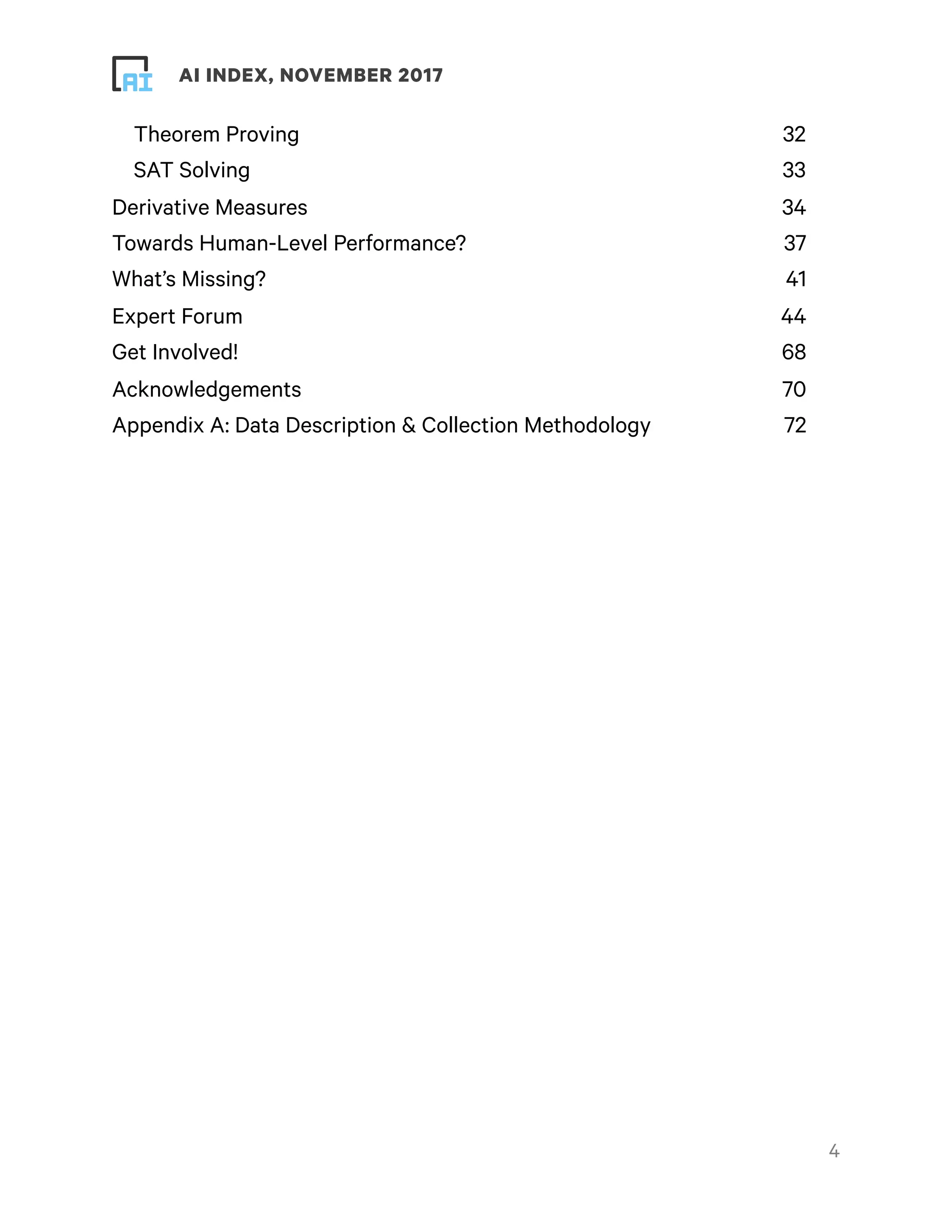 ! ! AI INDEX, NOVEMBER 2017
Theorem Proving 32
SAT Solving 33
Derivative Measures 34
Towards Human-Level Performance? 37
What’s Missing? 41
Expert Forum 44
Get Involved! 68
Acknowledgements 70
Appendix A: Data Description & Collection Methodology 72
!4
 