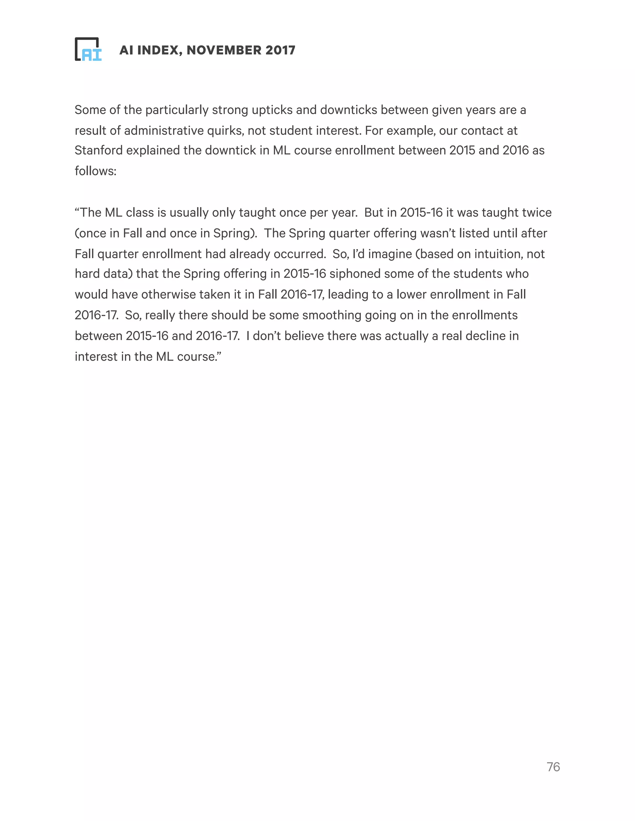 ! ! AI INDEX, NOVEMBER 2017
Some of the particularly strong upticks and downticks between given years are a
result of administrative quirks, not student interest. For example, our contact at
Stanford explained the downtick in ML course enrollment between 2015 and 2016 as
follows:
“The ML class is usually only taught once per year.  But in 2015-16 it was taught twice
(once in Fall and once in Spring).  The Spring quarter offering wasn’t listed until after
Fall quarter enrollment had already occurred.  So, I’d imagine (based on intuition, not
hard data) that the Spring offering in 2015-16 siphoned some of the students who
would have otherwise taken it in Fall 2016-17, leading to a lower enrollment in Fall
2016-17.  So, really there should be some smoothing going on in the enrollments
between 2015-16 and 2016-17.  I don’t believe there was actually a real decline in
interest in the ML course.”
!76
 