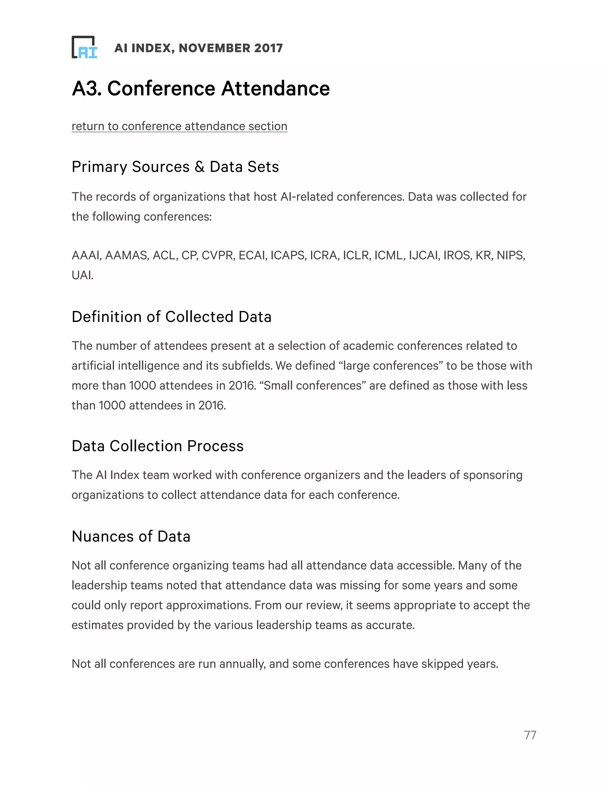 ! ! AI INDEX, NOVEMBER 2017
A3. Conference Attendance
return to conference attendance section
Primary Sources & Data Sets
The records of organizations that host AI-related conferences. Data was collected for
the following conferences:
AAAI, AAMAS, ACL, CP, CVPR, ECAI, ICAPS, ICRA, ICLR, ICML, IJCAI, IROS, KR, NIPS,
UAI.
Definition of Collected Data
The number of attendees present at a selection of academic conferences related to
artificial intelligence and its subfields. We defined “large conferences” to be those with
more than 1000 attendees in 2016. “Small conferences” are defined as those with less
than 1000 attendees in 2016.
Data Collection Process
The AI Index team worked with conference organizers and the leaders of sponsoring
organizations to collect attendance data for each conference.
Nuances of Data
Not all conference organizing teams had all attendance data accessible. Many of the
leadership teams noted that attendance data was missing for some years and some
could only report approximations. From our review, it seems appropriate to accept the
estimates provided by the various leadership teams as accurate.
Not all conferences are run annually, and some conferences have skipped years. 
!77
 