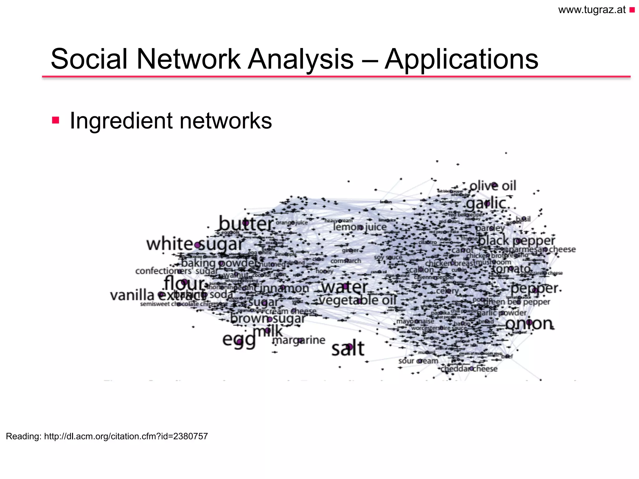 www.tugraz.at n
Hier könnte Ihr
Logo stehen
Social Network Analysis – Applications
§  Ingredient networks
April 28, 2015
Christian Gütl, Johanna Pirker - Institute of Information Systems and Computer Media
12
Reading: http://dl.acm.org/citation.cfm?id=2380757
 