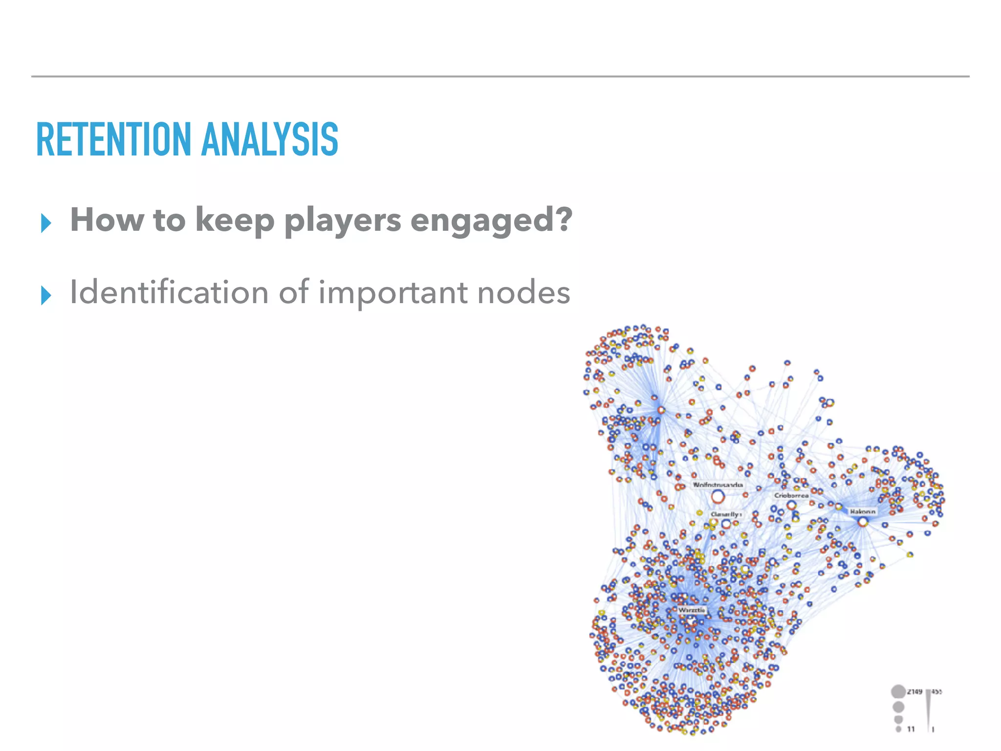 RETENTION ANALYSIS
▸ How to keep players engaged?
▸ Identiﬁcation of important nodes
 