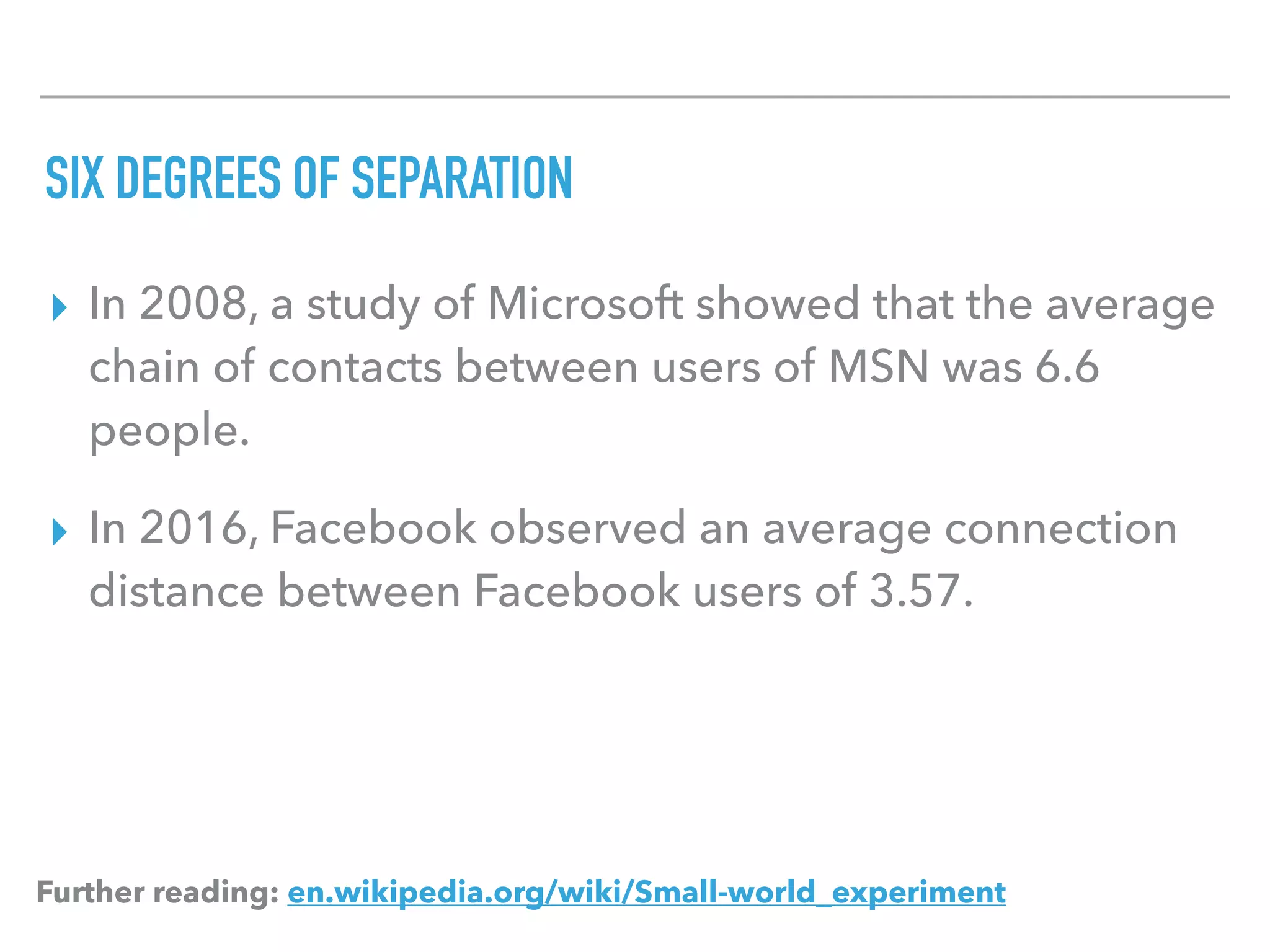 SIX DEGREES OF SEPARATION
▸ In 2008, a study of Microsoft showed that the average
chain of contacts between users of MSN was 6.6
people.
▸ In 2016, Facebook observed an average connection
distance between Facebook users of 3.57.
Further reading: en.wikipedia.org/wiki/Small-world_experiment
 