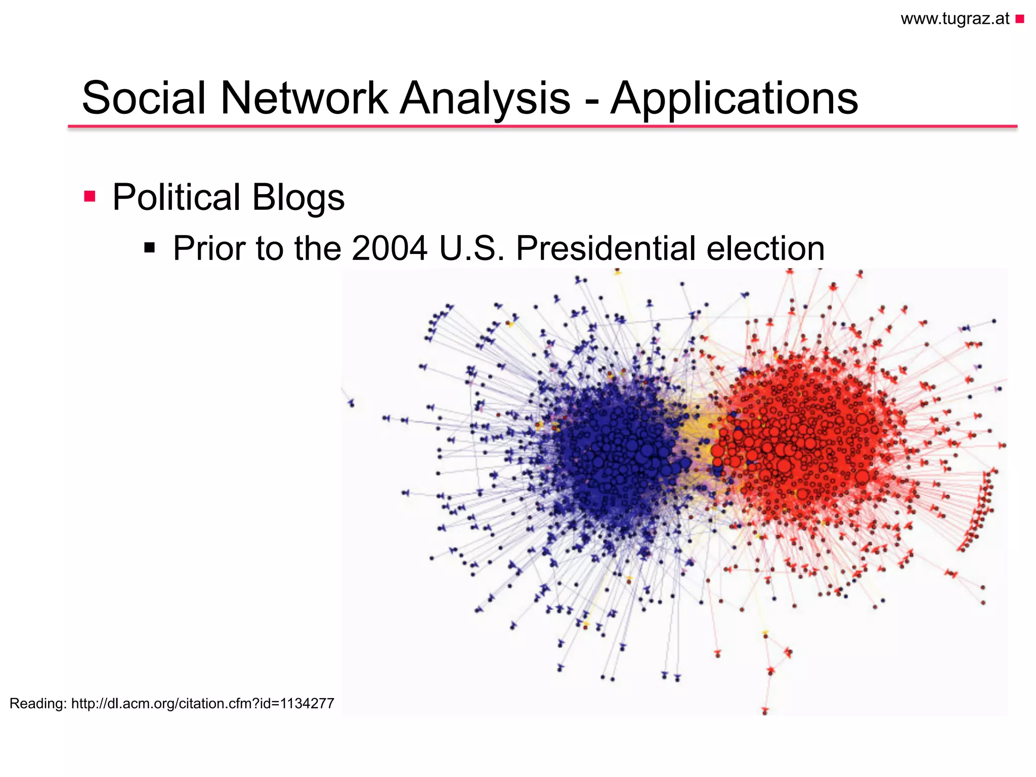 www.tugraz.at n
Hier könnte Ihr
Logo stehen
Social Network Analysis - Applications
§  Political Blogs
§  Prior to the 2004 U.S. Presidential election
April 28, 2015
Christian Gütl, Johanna Pirker - Institute of Information Systems and Computer Media
10
Reading: http://dl.acm.org/citation.cfm?id=1134277
 