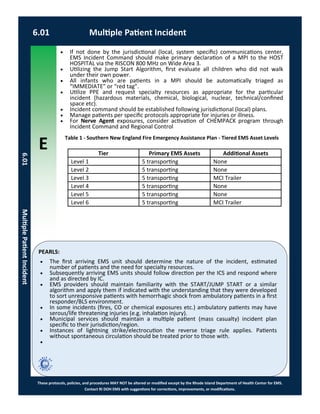 E
These protocols, policies, and procedures MAY NOT be altered or modified except by the Rhode Island Department of Health Center for EMS.
Contact RI DOH EMS with suggestions for corrections, improvements, or modifications.
PEARLS:
 If not done by the jurisdictional (local, system specific) communications center,
EMS Incident Command should make primary declaration of a MPI to the HOST
HOSPITAL via the RISCON 800 MHz on Wide Area 3.
 Utilizing the Jump Start Algorithm, first evaluate all children who did not walk
under their own power.
 All infants who are patients in a MPI should be automatically triaged as
“IMMEDIATE” or “red tag”.
 Utilize PPE and request specialty resources as appropriate for the particular
incident (hazardous materials, chemical, biological, nuclear, technical/confined
space etc).
 Incident command should be established following jurisdictional (local) plans.
 Manage patients per specific protocols appropriate for injuries or illness.
 For Nerve Agent exposures, consider activation of CHEMPACK program through
Incident Command and Regional Control
Table 1 - Southern New England Fire Emergency Assistance Plan - Tiered EMS Asset Levels
 The first arriving EMS unit should determine the nature of the incident, estimated
number of patients and the need for specialty resources.
 Subsequently arriving EMS units should follow direction per the ICS and respond where
and as directed by IC.
 EMS providers should maintain familiarity with the START/JUMP START or a similar
algorithm and apply them if indicated with the understanding that they were developed
to sort unresponsive patients with hemorrhagic shock from ambulatory patients in a first
responder/BLS environment.
 In some incidents (fires, CO or chemical exposures etc.) ambulatory patients may have
serous/life threatening injuries (e.g. inhalation injury).
 Municipal services should maintain a multiple patient (mass casualty) incident plan
specific to their jurisdiction/region.
 Instances of lightning strike/electrocution the reverse triage rule applies. Patients
without spontaneous circulation should be treated prior to those with.

Tier Primary EMS Assets Additional Assets
Level 1 5 transporting None
Level 2 5 transporting None
Level 3 5 transporting MCI Trailer
Level 4 5 transporting None
Level 5 5 transporting None
Level 6 5 transporting MCI Trailer
6.01 Multiple Patient Incident
6.01MultiplePatientIncident
 