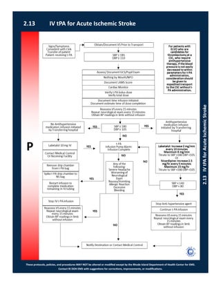 P
These protocols, policies, and procedures MAY NOT be altered or modified except by the Rhode Island Department of Health Center for EMS.
Contact RI DOH EMS with suggestions for corrections, improvements, or modifications.
2.13 IV tPA for Acute Ischemic Stroke
2.13IVtPAforAcuteIschemicStroke
 