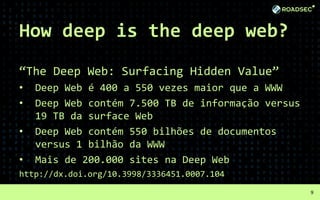 How deep is the deep web?
“The Deep Web: Surfacing Hidden Value”
• Deep Web é 400 a 550 vezes maior que a WWW
• Deep Web contém 7.500 TB de informação versus
19 TB da surface Web
• Deep Web contém 550 bilhões de documentos
versus 1 bilhão da WWW
• Mais de 200.000 sites na Deep Web
http://dx.doi.org/10.3998/3336451.0007.104
9
 