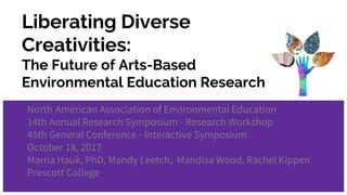 Liberating Diverse
Creativities:
The Future of Arts-Based
Environmental Education Research
North American Association of Environmental Education
14th Annual Research Symposium - Research Workshop
45th General Conference - Interactive Symposium
October 18, 2017
Marna Hauk, PhD, Mandy Leetch, Mandisa Wood, Rachel Kippen
Prescott College
 