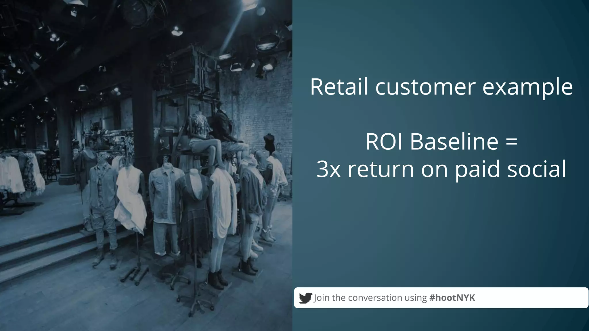 Join the conversation using #hootNYK
Retail customer example
ROI Baseline =
3x return on paid social
 