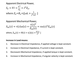 Apparent Electrical Power,
𝑆 𝑒 = 𝑉𝐼 =
𝑉2
𝑍 𝑒
= 𝐼2 𝑍 𝑒,
where 𝑍 𝑒=𝑅 𝑒+j[ωL +
1
𝑗2 𝜔𝐶
]
Apparent Mechanical Power,
𝑆 𝑚 𝑠 = τ 𝑠 ω 𝑠 =
𝜏(𝑠)2
𝑍 𝑚(𝑠)
= 𝑠𝜔(𝑠)2 𝑍 𝑚(𝑠)
where, Zm s = B s + s[ J(s) +
𝐾(𝑠)
𝑠2 ]
Increase in Load means:
1. Decrease in Electrical Impedance, if applied voltage is kept constant.
2. Increase in Electrical Impedance, if current is kept constant.
3. Decreasein Mechanical Impedance, if applied torque is kept constant.
4. Increase in Mechanical Impedance, if angular velocity is kept constant.
 