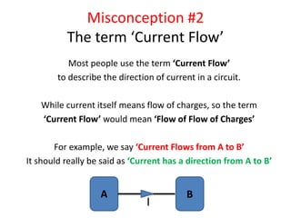 Most people use the term ‘Current Flow’
to describe the direction of current in a circuit.
While current itself means flow of charges, so the term
‘Current Flow’ would mean ‘Flow of Flow of Charges’
For example, we say ‘Current Flows from A to B’
It should really be said as ‘Current has a direction from A to B’
Misconception #2
The term ‘Current Flow’
A B
I
 