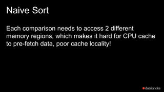 Naive Sort
Each comparison needs to access 2 different
memory regions, which makes it hard for CPU cache
to pre-fetch data, poor cache locality!
 
