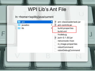 WPI Lib’s Ant File
In <home>/wpilibj/java/current
 