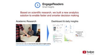 Based on scientific research, we built a new analytics
solution to enable faster and smarter decision making
Check this short video and see how the body reacts to digital reading
http://www.twipemobile.com/what-happens-in-our-body-while-reading/
Academic Research Dashboard & daily insights
Developed with
support of
 