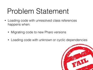 Problem Statement
• Loading code with unresolved class references
happens when:
• Migrating code to new Pharo versions
• L...