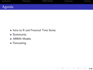 4/39
Introduction Stationarity ARIMA Models Forecasting Summary
Agenda
Intro to R and Financial Time Series
Stationarity
ARIMA Models
Forecasting
 
