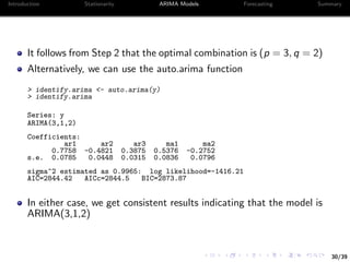 30/39
Introduction Stationarity ARIMA Models Forecasting Summary
It follows from Step 2 that the optimal combination is (p = 3, q = 2)
Alternatively, we can use the auto.arima function
> identify.arima <- auto.arima(y)
> identify.arima
Series: y
ARIMA(3,1,2)
Coefficients:
ar1 ar2 ar3 ma1 ma2
0.7758 -0.4821 0.3875 0.5376 -0.2752
s.e. 0.0785 0.0448 0.0315 0.0836 0.0796
sigma^2 estimated as 0.9965: log likelihood=-1416.21
AIC=2844.42 AICc=2844.5 BIC=2873.87
In either case, we get consistent results indicating that the model is
ARIMA(3,1,2)
 
