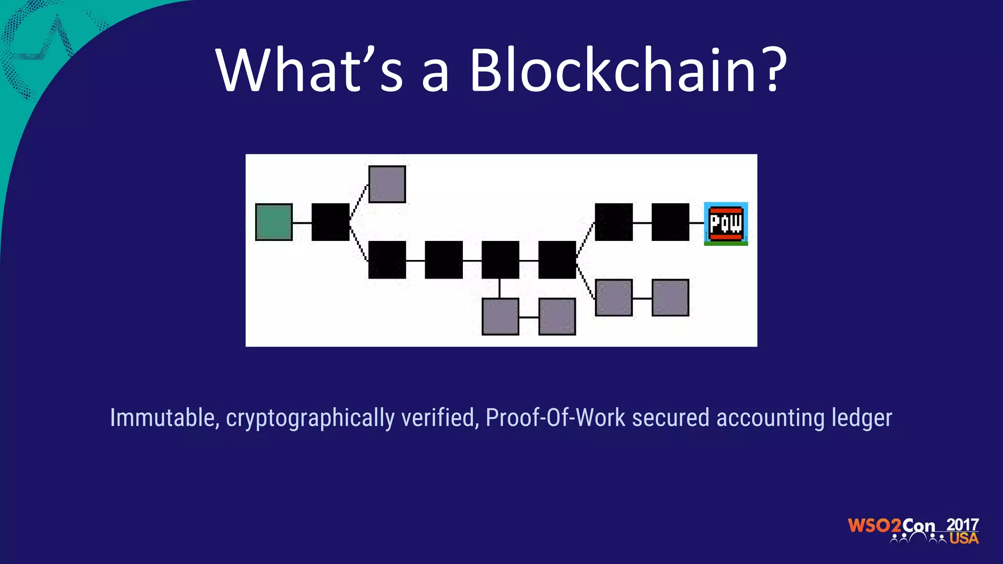 What’s a Blockchain?
Immutable, cryptographically verified, Proof-Of-Work secured accounting ledger
 