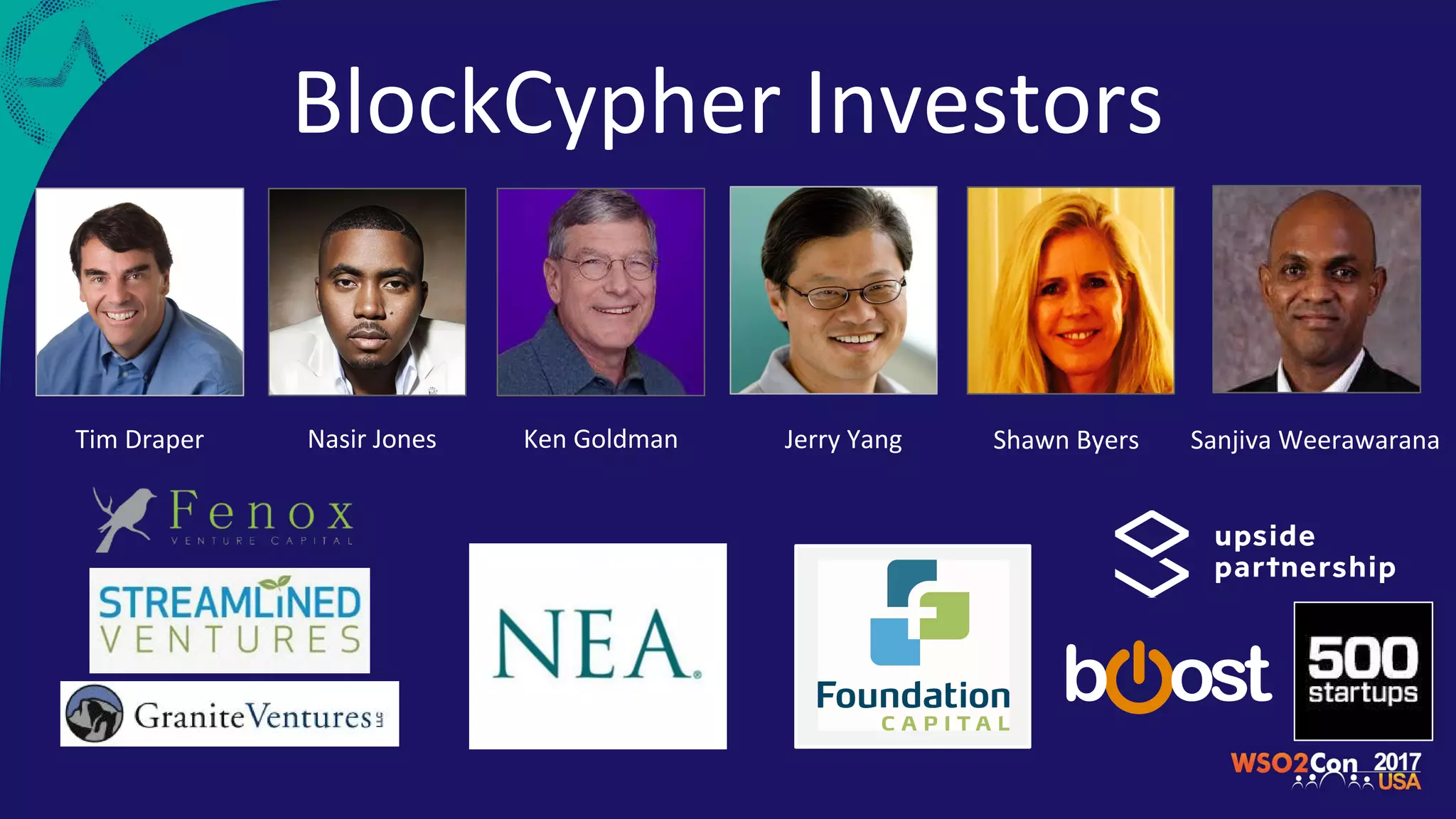 Ken GoldmanTim Draper Jerry YangNasir Jones Shawn Byers Sanjiva Weerawarana
BlockCypher Investors
 