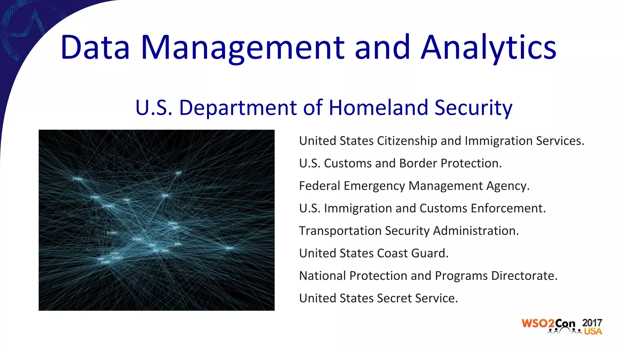 United States Citizenship and Immigration Services.
U.S. Customs and Border Protection.
Federal Emergency Management Agency.
U.S. Immigration and Customs Enforcement.
Transportation Security Administration.
United States Coast Guard.
National Protection and Programs Directorate.
United States Secret Service.
Data Management and Analytics
U.S. Department of Homeland Security
 
