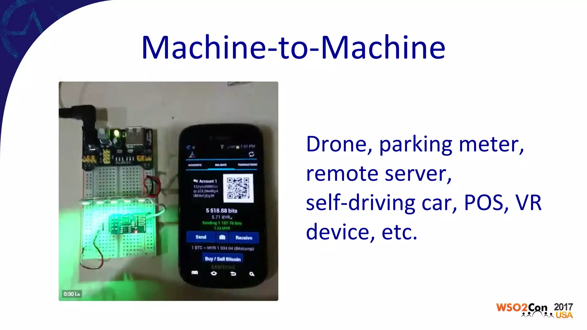Machine-to-Machine
Drone, parking meter,
remote server,
self-driving car, POS, VR
device, etc.
 