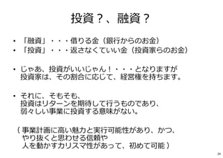 投資︖、融資︖
• 「融資」・・・借りる⾦（銀⾏からのお⾦）
• 「投資」・・・返さなくていい⾦（投資家らのお⾦）
• じゃあ、投資がいいじゃん︕・・・となりますが
投資家は、その割合に応じて、経営権を持ちます。
• それに、そもそも、
投資はリターンを期待して⾏うものであり、
弱々しい事業に投資する意味がない。
（ 事業計画に⾼い魅⼒と実⾏可能性があり、かつ、
やり抜くと思わせる信頼や
人を動かすカリスマ性があって、初めて可能 ）
29
 