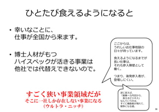 ひとたび⾷えるようになると
• 幸いなことに、
仕事が全国から来ます。
• 博士人材がもつ
ハイスペックが活きる事業は
他社では代替えできないので。
すごく狭い事業領域だが
そこに一社しか存在しない事業になる
（ウルトラ・ニッチ）
ここからは、
うれしいお仕事地獄の
日々が待っています。
⾷えるようになるまでが
⻑い仕事は、
それも参入障壁として
働く。
つまり、後発参入者が、
登場しにくい。
逆に言えば、
「創業⼀カ月目から、
⾷えるビジネス」
なんていうのは、
すぐに模倣者が現れて、
競争になる道。
38
 