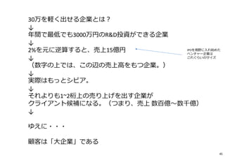 30万を軽く出せる企業とは︖
↓
年間で最低でも3000万円のR&D投資ができる企業
↓
2%を元に逆算すると、売上15億円
↓
（数字の上では、この辺の売上⾼をもつ企業。）
↓
実際はもっとシビア。
↓
それよりも1~2桁上の売り上げを出す企業が
クライアント候補になる。（つまり、売上 数百億〜数千億）
↓
ゆえに・・・
顧客は「⼤企業」である
IPOを視野に入れ始めた
ベンチャー企業は
これぐらいのサイズ
45
 