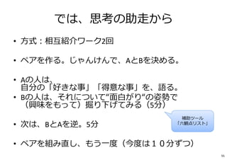 では、思考の助走から
• 方式︓相互紹介ワーク2回
• ペアを作る。じゃんけんで、AとBを決める。
• Aの人は、
⾃分の「好きな事」「得意な事」を、語る。
• Bの人は、それについて“面白がり“の姿勢で
（興味をもって）掘り下げてみる（5分）
• 次は、BとAを逆。5分
• ペアを組み直し、もう⼀度（今度は１０分ずつ）
補助ツール
「六観点リスト」
55
 