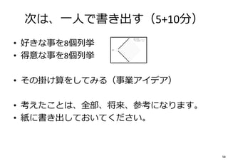 次は、⼀人で書き出す（5+10分）
• 好きな事を8個列挙
• 得意な事を8個列挙
• その掛け算をしてみる（事業アイデア）
• 考えたことは、全部、将来、参考になります。
• 紙に書き出しておいてください。
58
 