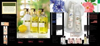 70 71
INSPIROVÁNOPŘÍRODOU
  Sérum Ecobeauty
30 ml
32203 679 Kč
  Pleťový olej
Ecobeauty
50 ml
32201 749 Kč
  Pleťová voda Ecobeauty
Osvěžující toner s příjemnou vůní osvěží
unavenou pleť pomocí růžové a heřmánkové vody
v bio kvalitě. Receptura je obohacena
o ingredience bohaté na antioxidanty, které
zklidňují a zjemňují pleť. Neobsahuje parabeny.
Certifikovaný bioprodukt. 200 ml
32198 369 Kč
OSVĚŽUJÍCÍ
PLEŤOVÁ VODA
VE SPREJI
OBSAHUJE
ZKLIDŇUJÍCÍ
BIO RŮŽOVOU VODU
PRO VŠECHNY TYPY PLETI
  Oční krém Ecobeauty
15 ml
32200 349 Kč
  Pleťový krém
Ecobeauty
50 ml
32199 579 Kč
  Odličovací mléko Ecobeauty
Krémové čisticí mléko odstraní make-up
a nečistoty z pleti. Složení obohacené o bio olej ze
slunečnicových semínek a bio chrpovou vodu pleť
ochrání, zjemní a zklidní. Ideální na odstranění
očního make-upu. Neobsahuje parabeny.
Certifikovaný bioprodukt. 200 ml
32197 369 Kč
BIO EXTRAKT
Z CHRPY
ČISTÍ PLEŤ
KRÉMOVÉ
ODLIČOVACÍ
MLÉKO
PRO VŠECHNY TYPY PLETI
  Mýdlo s neroli
a jasmínem Essense
 Co
150 g
32829 99 Kč
  Mléko na ruce a tělo
s neroli a jasmínem
Essense  Co
300 ml
32828 279 Kč
  Tekuté mýdlo
s neroli a jasmínem
Essense  Co
300 ml
32827 229 Kč
  Tekuté mýdlo s citrónem
a verbenou Essense  Co
300 ml
31850 229 Kč
169 Kč
  Mléko na ruce a tělo
s citrónem a verbenou
Essense  Co
300 ml
31851 279 Kč
199 Kč
  Sprchový gel s citrónem
a verbenou Essense  Co
300 ml
31852 229 Kč
159 Kč
Bohaté citrusové tóny esenciálního oleje z neroli
se mísí s luxusními květinovými tóny jasmínu.
SVĚŽÍ NEROLI A JASMÍN:
ZAHRADAVEVAŠÍ KOUPELNĚ
KOŘENITÝ CITRÓN VITÁLNÍVERBENA:
PERFEKTNÍ POVZBUZENÍ
Jiskřivě svěží vůně verbeny a kořenité tóny citrusů vám připomenou paprsky letního slunce.
Mléko s vyživujícími oleji
zjemňuje pokožku
Tekuté mýdlo čistí
a zároveň zvláčňuje
Luxusní sprchový gel vytváří
voňavou krémovou pěnu



  





Naše luxusní řada péče o tělo
ESSENSE  CO kombinuje ty
nejkvalitnější přirodní esenciální oleje
s atraktivními vůněmi, přepychovými
texturami a elegantním balením.
 