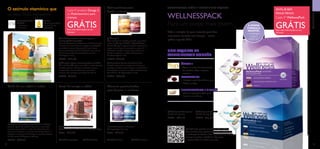 









84 85
 ﻿Multivitamínico e Mineral
60 drageias/para 2 meses.
Cada: €19,95
  22794 Mulher
Fonte de energia e saúde!
ÓMEGA 3
• Óleo de peixe ómega
3 puro, de fontes
sustentáveis
MULTIVITAMÍNICO E
MINERAL
• 13 vitaminas
• 8 minerais
O estímulo vitamínico que
os seus filhos merecem!
  22795 Homem  25386 Superbagas   25385 Choco
 ﻿Barras Natural Balance Wellness
Cada embalagem contém 7 barras. 280 g (7 x 40 g).
Cada: €16,95
 ﻿Complexo Nutritivo para Cabelo e Unhas
Previne a queda de cabelo e fornece os nutrientes
essenciais para cabelo e unhas. O cabelo fica mais
volumoso e espesso, e as unhas mais fortes. Tome 2
drageias uma vez por dia durante um período mínimo
de três meses. 42 drageias x 730 mg.
28507 €24,95
Cada 4º produto Ómega 3
ou Multivitamínico para
crianças
GRÁTISPeça mais informações ao seu
Assessor
Antienvelhecimento
desde o interior
Fórmulas personalizadas
para homens e mulheres
Cuide do seu cabelo e unhas!
Toda a nutrição de que necessita para ficar
mais jovem durante mais tempo – numa
prática saqueta diária.
WELLNESSPACK
Para um corpo mais jovem
WELLNESSPACK. SAÚDE E BELEZA NUMA SAQUETA.
ÓMEGA 3
•Apoia o normal funcionamento
do cérebro, olhos e sistema
nervoso
MULTIVITAMÍNICO E MINERAL
• Fórmulas personalizadas para
homens e mulheres
UMA SAQUETA DE
WELLNESSPACK CONTÉM
ASTAXANTINA
• Reduz as rugas
• Protege a pele dos radicais livres
  WellnessPack woman
Contém 21 saquetas.
22791 €31,95
  WellnessPack man
Contém 21 saquetas.
22793 €31,95
A MESMA
FÓRMULA
INCRÍVEL
– embalagens
novas e
modernas!*
*
Porfavortenhaematençãoqueduranteoperíododetransição,poderáreceberoseuWellnessPackcomaembalagemanterior.
WELLNESS
SINTA-SE BEM.
PAGUE MENOS.
Cada 4º WellnessPack
GRÁTISPeça mais informações ao seu
Assessor
  Ómega 3
Óleo de Peixe de elevada qualidade com índice
natural de Ómega 3 (DHA e EPA). Os Ácidos
Gordos Ómega 3 regulam funções essenciais no
corpo, alisam a pele e aumentam os níveis de
hidratação. Estudos indicam que melhora as
funções cerebrais e a saúde cardiovascular.
60 cápsulas/para 1 mês
15397 €17,95
  Multivitamínico e Mineral (para
crianças) WellnessKids
Uma combinação de 13 Vitaminas e 8 Minerais para
crianças com mais de 4 anos. Drageias mastigáveis
com sabor a laranja. Crianças 4-9 anos devem
tomar uma drageia por dia. Crianças com mais de
10 anos devem tomar duas drageias por dia.
21 drageias x 1,1 g.
28241 €13,95
  Ómega 3 (para crianças) WellnessKids
Óleo de Peixe Ómega 3 com sabor a limão. Contém
os ácidos gordos essenciais necessários para o
crescimento e desenvolvimento normal das
crianças. Para crianças com idade 3+. 105 ml.
22467 €17,95
  Complexo Sueco de Beleza Plus
Contém astaxantina e extrato de mirtilo que
protegem a beleza natural da pele e melhoram o
desempenho muscular e a saúde cardiovascular.
Para 30 dias. 30 cápsulas/para 1 mês
25414 €26,95
Este QR-code permite visualizar o vídeo sobre o
WellnessPack, onde poderá obter toda a informação
e clarificação de dúvidas sobre o produto com maior
sucesso de vendas na Oriflame. Não perca
a oportunidade de mudar a sua vida!
 