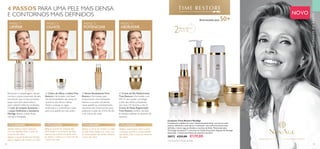 2MINUTOS
vezes por dia
92 93
 ﻿Conjunto Time Restore NovAge
Conjunto de cuidados do rosto advanced performing que nutre a pele
madura, deixando-a mais densa e resistente, com contornos faciais mais
definidos, menos rugas profundas e manchas da idade. Potenciado pela
Tecnologia GenisteinSOY
e extratos de Células Estaminais Vegetais de Plantago
lanceolata*
. Contém 6 produtos de tamanho standard.
28972 €233,00 €139,00
NOVO
4 PASSOS PARA UMA PELE MAIS DENSA
E CONTORNOS MAIS DEFINIDOS
Aplique suavemente sobre o rosto
e pescoço, usando as extremidades
dos dedos. Evite a zona de contorno
dos olhos.
Aplique o sérum de manhã e à noite
na pele limpa.Aplique no rosto com
as extremidades dos dedos, evitando
a zona dos olhos.
Aplique na pele do contorno dos
olhos limpa e no contorno do lábio
superior, de manhã e à noite, antes
de aplicar o sérum e o creme de dia
/ creme de noite
UTILIZAÇÃO: UTILIZAÇÃO: UTILIZAÇÃO: UTILIZAÇÃO:
Recomendado para 50+
CUIDADOSDOROSTO
Aplique sobre o rosto e pescoço
com um algodão. Evite a zona de
contorno dos olhos.
Aplique a LoçãoTonificante NovAge
após a limpeza de manhã e à noite. *
Creme de Dia e Creme de Noite.
PASSO 2:
OLHOS
PASSO 3:
POTENCIAR
PASSO 4:
HIDRATAR
O Creme de Olhos e Lábios Time
Restore é formulado com base
nas particularidades das zonas do
contorno dos olhos e lábios.
Ajuda a suavizar as rugas
profundas e a redensificar a pele
para uma aparência mais jovem.
O Sérum Revitalizante Time
Restore é formulado para
proporcionar uma hidratação
intensa à sua pele, resultando
numa aparência completamente
rejuvenescida. Desenvolvido para
potenciar a ação do creme de dia
e do creme de noite.
O Creme de Dia Multicorretor
Time Restore é formulado com
FPS 15 para ajudar a proteger
a pele dos efeitos prejudiciais
dos raios UV durante o dia. O
Creme de Noite Regenerador
Time Restore confere nutrição
às células cutâneas, no período de
repouso.
PASSO 1:
LIMPAR
Removem a maquilhagem, células
mortas e outras impurezas da pele,
permitindo que os seus produtos
sejam mais bem absorvidos e
assim obterá melhores resultados.
O Leite de Limpeza Suavizante e
a Loção Tonificante e Suavizante
NovAge deixam a pele limpa,
nutrida e hidratada.
 