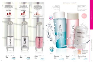 46
  Capa Superior Matificante
8 ml
31836 $ 19.999
$ 9.999
Puntos: 4
  Capa Superior Efecto Gel
8 ml
32581 $ 19.999
$ 9.999
Puntos: 4
  Estimulador de Crecimiento
para Uñas
8 ml
31032 $ 22.999
$ 11.999
Puntos: 5
Acabado de salón en la
comodidad de tu hogar,
super brillo y larga duración
Obtén el acabado Mate
de moda con una sola
pasada y entra en tendencia.
Kiwi, Glicerina, Calcio,
Vitamina A y Aminoácidos
deTrigo actúan en sinergia
para nutrir y acondicionar
cutículas y uñas.
Aplica 2 veces al día sobre la uña
y masajea para disolver las micro
partículas.
Aplica una capa sobre
tu esmalte.
Aplica una capa sobre
tu esmalte.
ACABADO EN GEL ACABADO MATE UÑAS MÁS LARGAS
ANTES DESPUÉSANTES DESPUÉS
     
47
  Desmaquillador de Ojos a
Prueba de Agua
100 ml
32138 $ 39.999
$ 24.999
Puntos: 10
  Desmaquillante de Rostro
Hidratante
100 ml
32139 $ 37.999
$ 22.999
Puntos: 9
MAQUILLAJEEUROPEOCIENCIANATURALSUECA
DESMAQUILLA E HIDRATA
Agitar antes
de usar
Fórmula libre
de aceite APTA PARA
OJOS SENSIBLES,
no deja residuos.
APR
U
EBA DE A
GUA
Fórmula hidratante para
TODO EL ROSTRO con
Ácido Hialurónico y
Extracto de Manzanilla para
las PIELES SENSIBLES.
100ml
MODO DE USO
Aplica Desmaquillante
de Rostro y Ojos en
un pétalo de algodón
para retirar el exceso
de maquillaje.
  Pétalos de Algodón
Diámetro aprox.: 6 cm c/u. 40
unidades.
17964 $ 8.999
$ 5.999
Puntos: 1
 
 
 
 