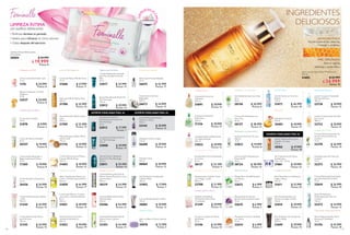 96
OFERTA FIDELIDAD PÁG.65 OFERTA FIDELIDAD PÁG.65
  Crema de Manos Milk & Honey
75 ml
31606 $ 27.999
Puntos: 11
  Crema Restauradora para
Cabello en Spray
150 ml
32142 $ 29.999
Puntos: 12
  Crema Nutritiva para Manos y
Cuerpo Milk & Honey
250 ml
31602 $ 39.999
Puntos: 15
  Gel Estilizador Invisible para
Cabello HairX
100 ml
31092 $ 17.999
Puntos: 7
  Shampoo Milk & Honey Gold
200 ml
31708 $ 25.999
Puntos: 10
  Jabón Líquido para Manos con
Limón y Verbena Essense & Co
300 ml
31850 $ 44.999
Puntos: 17
  Gel de Ducha con Limón y
Verbena Essense & Co
300 ml
31852 $ 49.999
Puntos: 19
  Acondicionador Milk & Honey
Gold
200 ml
31709 $ 25.999
Puntos: 10
  Mascarilla para Cabello Milk &
Honey Gold
250 ml
31710 $ 29.999
Puntos: 12
  Loción para Manos y Cuerpo
con Limón y Verbena Essense
& Co
300 ml
31851 $ 49.999
Puntos: 19
  Colonia Refrescante Fresh &
Nature Limón y Jazmín
400 ml
32303 $ 54.999
Puntos: 21
  Bálsamo Protector con Miel
Orgánica
15 ml
32537 $ 20.999
Puntos: 8
  Concentrado Reparador y
Regenerador para Manos
50 ml
17305 $ 19.999
Puntos: 8
  Crema Universal Tender Care
15 ml
1276 $ 20.999
Puntos: 8
  Crema de los Sueños
30 ml
21878 $ 9.999
Puntos: 4
  Crema de Manos Antiedad
50 ml
20357 $ 19.999
Puntos: 8
  Colonia Refrescante Fresh &
Nature Aroma Pimienta y Lima
para Hombre
400 ml
30319 $ 54.999
Puntos: 21
  Shampoo Seco
150 ml
30065 $ 29.999
Puntos: 12
  Crema Protectora para Manos
y Uñas
100 ml
31344 $ 24.999
Puntos: 10
  Toallitas Íntimas Refrescantes
20 unidades.
30004 $ 24.999
$ 19.999
Puntos: 8
  Crema Alisado Perfecto HairX
150 ml
30881 $ 29.999
Puntos: 12
  Crema Nutritiva de Manos
para Piel Seca
100 ml
31345 $ 24.999
Puntos: 10
  Colonia Refrescante Aroma
Manzana Roja
400 ml
25446 $ 54.999
Puntos: 21
  Tratamiento Nutritivo
Reparador
200 ml
26673 $ 34.999
Puntos: 13
  Shampoo Control Caspa
250 ml
26680 $ 29.999
Puntos: 12
  Crema de Manos Aclaradora
75 ml
26436 $ 24.999
Puntos: 10
  Sérum para Puntas Dañadas
30 ml
26674 $ 42.999
Puntos: 17
  Jabón en Barra Aroma Lavanda
90 g
30076 $ 12.999
Puntos: 5
  Limpiadora Exfoliante North
For Men Recharge
150 ml
32008 $ 39.999
Puntos: 15
  Spray Desodorante North For
Men Recharge
150 ml
32012 $ 29.999
Puntos: 12
  Crema Hidratante Calmante
para Piel Sensible North for
Men
50 ml
32017 $ 34.999
Puntos: 13
  Desodorante Roll-On
Antitranspirante North For
Men Recharge
50 ml
32013 $ 17.599
Puntos: 7
  Gel de Ducha y Shampoo
North For Men Recharge
250 ml
32011 $ 35.999
Puntos: 14
Tratamientos CapilaresHidratante con Miel
Cuidado para tus Manos
Higiene para Hombres
Hechas en FranciaLimpieza y Suavidad
LIMPIEZA ÍNTIMA
con toallitas refrescantes
• Perfectas durante tu período
• Ideales para refrescar en clima caluroso
• Úsalas después del ejercicio
LLÉV
ALAS EN LA
CARTERA
97
OFERTA FIDELIDAD PÁG.65
  Limpiadora Íntima Refrescante
con Agua de Rosas
300 ml
33022 $ 39.999
Puntos: 15
  Limpiadora Femenina
Protectora
300 ml
31326 $ 39.999
Puntos: 15
  Limpiadora Femenina
Calmante
300 ml
24891 $ 39.999
Puntos: 15
  Jabón Líquido para Manos Milk & Honey
300 ml
31603 $ 32.999
$ 24.999
Puntos: 10
  Gel de Ducha con Aroma a
Enebro
750 ml
31672 $ 46.999
Puntos: 18
  Eleo Mascarilla con Aceites de
Argán y Rosas
125 ml
31611 $ 51.999
Puntos: 20
  Eleo Acondicionador con
Aceites de Argán y Rosas
150 ml
31610 $ 39.999
Puntos: 15
  Aceite de Árbol de Té Love
Nature
10 ml
33023 $ 19.999
Puntos: 8
  Crema Nutritiva para Pies de
Acción Nocturna Feet Up
Comfort
75 ml
32370 $ 26.999
Puntos: 10
  Eleo Shampoo con Aceites de
Argán y Rosas
200 ml
31609 $ 39.999
Puntos: 15
  Crema Refrescante Suavizante
para Pies Feet Up Comfort
75 ml
32644 $ 26.999
Puntos: 10
  Spray Revitalizante
Antitranspirante Feet Up
Comfort
150 ml
32372 $ 34.999
Puntos: 13
  Exfoliante para Pies Feet Up
Comfort
75 ml
32373 $ 26.999
Puntos: 10
  Mascarilla de Arcilla con
Bardana Anti-imperfecciones
10 ml
32635 $ 6.999
Puntos: 3
  Mascarilla en Gel Refrescante
con Pepino
10 ml
32633 $ 6.999
Puntos: 3
  Mascarilla Cremosa Calmante
con Avena
10 ml
32634 $ 6.999
Puntos: 3
  Exfoliante Corporal
150 ml
18483 $ 49.999
Puntos: 19
  Shampoo para Cabello Graso
con Ortiga y Limón
400 ml
23708 $ 31.999
Puntos: 12
  Aceite Multibeneficios para
Cabello y Cuerpo
150 ml
18765 $ 47.999
Puntos: 18
  Gel Exfoliante Facial con Aloe
Vera
50 ml
30150 $ 20.999
Puntos: 8
  Desodorante Anti-transpirante
en Crema
50 ml
30137 $ 23.599
Puntos: 9
  Sérum Rejuvenecedor HairX
Advanced TimeResist
30 ml
31276 $ 45.999
Puntos: 18
  Toallitas Limpiadoras
Hidratantes para Manos
15 unidades
31349 $ 29.999
Puntos: 12
  Loción Corporal Nutritiva Piel
Extra Seca
400 ml
23733 $ 39.999
Puntos: 15
  Loción Corporal Hidratante
Piel Normal-Seca
400 ml
23730 $ 39.999
Puntos: 15
  Crema-Gel Hidratante con
Aloe Vera
50 ml
30127 $ 38.999
Puntos: 15
  Loción Facial Purificante con
Árbol del Té
50 ml
30124 $ 38.999
Puntos: 15
  Set Tratamiento de Manos
Swedish Spa
100 + 50 + 50 ml.
31861 $ 59.999
Puntos: 23
Purificante con Arbol delTé
Nutrición Facial
Hidratante con AloeVera Hidratación Intensiva
Efecto Spa
Cuidado del Cabello
Cuidado para tus Manos
Cuidado de tus Pies
Gel de DuchaCuidado Íntimo
Shampoo con Extractos de Fruta
Desodorante en Spray
Tratamiento Antienvejecimiento
INGREDIENTES
DELICIOSOS
LECHE ORGÁNICA
Rica en humectantes, vitaminas,
minerales y proteínas.
MIEL ORGÁNICA
Rica en azúcar,
vitaminas y ácido fólico
  Gel para Limpieza de Manos
SoftCaress
50 ml
31346 $ 24.999
Puntos: 10
 