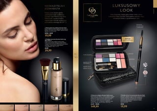 46 47
MAKIJAŻ
  Płaski pędzel do podkładu Giordani Gold
Pędzel z płaską końcówką do gładkiego rozprowadzania
podkładu. Drewniana rączka. Miękkie, nylonowe włosie.
Wymiary: 12 x 1,5 x 2,3 cm
28526 34,90
19,99
  Podkład mineralny Giordani Gold Long
Wear SPF 15
Długotrwała formuła podkładu zapewnia pełne
krycie przez cały dzień. Wzbogacona filtrem SPF 15
i drogocennymi minerałami wulkanicznymi pochodzenia
włoskiego, o właściwościach regenerujących
i odmładzających. 30 ml 1333,00/l
 64,90
39,99
LUKSUSOWY
LOOK
Kreuj doskonały makijaż gdzie chcesz i kiedy chcesz.
Luksusowa Paleta Giordani Gold zawiera wszystko, czego
potrzebuje kobieta o wyrafinowanym stylu.
Podaruj cerze idealnie gładkie
wykończenie dzięki podkładowi
Giordani Gold Mineral Long Wear.
Pełne krycie i wysoka trwałość,
regenerujące minerały wulkaniczne
pochodzenia włoskiego, filtr SPF 15.
NIESKAZITELNIE
JEDWABISTA
  Kredka do brwi ze szczoteczką Giordani Gold
Luksusowa, wygodna w użyciu kredka do stylizowania brwi.
Kremowa, aksamitnie miękka formuła z pielęgnującą
witaminą E. Specjalnie zaprojektowana szczoteczka
doskonale rozprowadza kolor i pozwala na nadanie
brwiom idealnego kształtu.
1,2 g 16658,33/kg
 29,90
19,99
  Paleta do makijażu Giordani Gold Luxury
Stylowa paleta do makijażu, w której znajdziesz wszystko,
czego potrzebujesz, by stworzyć oszałamiający makijaż.
Kompaktowa, elegancka kasetka zapinana na zamek
błyskawiczny. Paleta zawiera 6 cieni do powiek,
2 błyszczyki, 1 róż, 1 rozświetlacz, 3 aplikatory i duże
lusterko. Wymiary: 16 x 11 x 3 cm. 10698,29/kg
32379 199,99
149,99
31802
Porcelain
31803
Light Rose
31805
Rose Beige
31806
Natural Beige
31804
Light Ivory
Szczoteczka
do cieniowania
i kształtowania
róż
rozświetlacz
2 błyszczyki
6 cieni do powiek
pędzelek do różu/
rozświetlacza
pędzelek do ust
aplikator do cieni
33092
Blonde
33093
Brown




EDYCJA
LIMITOWANA
 