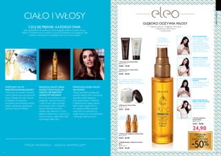 8584
CIAŁO I WŁOSY
CIAŁOIWŁOSY
NA SUCHEWŁOSY:
Rozprowadź nieco olejku na
suchych włosach, zaczynając
od ich najbardziej
zniszczonych części. Dwie
porcje kosmetyku powinny
wystarczyć na włosy średniej
długości. Użyj nieco więcej lub
mniej, w zależności od
długości i kondycji włosów.
PRZED STYLIZACJĄ:
Zastosuj olejek na wytarte
ręcznikiem włosy (przed
użyciem kosmetyku do
stylizacji), by zapewnić im blask
i chronić je podczas układania.
  Maska do włosów Eleo
125 ml 319,20/l
31611 39,90
  Wygładzający olejek do włosów
Eleo
50 ml 938,00/l
31615 46,90
  Odżywka do włosów Eleo
150 ml 199,33/l
31610 29,90
  Ochronny olejek do włosów Eleo
50 ml 938,00/l
31614 46,90
  Szampon do włosów Eleo
200 ml 149,50/l
31609 29,90
NA SUCHĄ SKÓRĘ
GŁOWY:
Aplikuj na włosy u ich nasady
i wmasuj w skórę głowy.
Po 2-3 minutach umyj włosy
szamponem Eleo.
JAKO DODATEK DO
MASKI LUB ODŻYWKI:
Wymieszaj nieco olejku
z maską lub odżywką,
by wzmocnić odżywcze
działanie kosmetyków.
Raz w tygodniu, zamiast odżywki zastosuj
maskę Eleo. Rozprowadź kosmetyk na
wilgotnych włosach i po 3-5 minutach spłucz.
  Suchy olejek do
włosów Eleo
50 ml 498,00/l
31613 49,90
24,90
SPECJALNA
OFERTA
JUBILEUSZOWA
-50%
 

 

Odkryj jedwabistą pielęgnację
cennych olejków Eleo. Luksusowy,
naturalny olejek arganowy
oraz różany, łopian i witamina
E błyskawicznie nadają włosom
blask i piękny zapach.Ale to
nie wszystko! Włosy są także
odżywiane od wewnątrz, by
mogły stawać się coraz piękniejsze
i zdrowsze. Dzień po dniu.
PIELĘGNUJ WŁOSY SERIĄ
KOSMETYKÓW ELEO, BY
CIESZYĆ SIĘ PIĘKNYMI,
LŚNIĄCYMI WŁOSAMI
Stosuj się do poniższych zasad
pielęgnacji. Używaj szamponu
i odżywki tak często, jak tego
potrzebujesz. Raz w tygodniu
zastąp odżywkę maską do
włosów, aby zapewnić im ultra
głębokie odżywienie. Przed lub po
ułożeniu fryzury nałóż kilka kropli
wybranego olejku Eleo.
POKOCHAJ SWOJE WŁOSY
NA NOWO
DOSKONAŁY
DLA WŁOSÓW
ZNISZCZONYCH
• Głęboko odżywia •Wygładza •Wzmacnia
• Naprawia strukturę włosa
• Dodaje blasku
IDEALNY DO
WŁOSÓW
FARBOWANYCH
ŚWIETNY DO
PUSZĄCYCH SIĘ
WŁOSÓW
GŁĘBOKO ODŻYWIA WŁOSY
CZUJ SIĘ PIĘKNIE. KAŻDEGO DNIA.
Jako szwedzka firma wierzymy, że by wyglądać dobrze, trzeba czuć się
dobrze. Ta filozofia stoi za każdym z naszych produktów do pielęgnacji ciała
i włosów, stworzonym, by pielęgnować cię od stóp do głów.
ŚWIĘTUJMY 50 LAT
NIEDOŚCIGNIONEJ JAKOŚCI
Wierzymy, że wysokie standardy
i jakość zawsze oprą się upływowi
czasu. Dlatego tak wiele naszych
produktów ma specjalne
certyfikaty potwierdzające jakość.
Jednak największą nagrodą jest
lojalność naszych klientów.
T WOJE MAR ZENIA – NASZ Ą INSPIR ACJĄ™
 