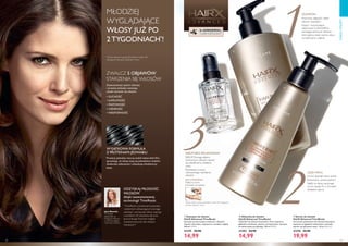 89
1
2
3
88
Chroni dojrzałe włosy przed
łamliwością i przesuszaniem.
WYJĄTKOWA FORMUŁA
Z PROTEINAMI JEDWABIU
Proteiny jedwabiu tworzą wokół włosa lekki film,
sprawiając, że włosy stają się jedwabiście miękkie,
doskonale odżywione i odzyskują młodzieńczy
blask.
ODZYSKAJ MŁODOŚĆ
WŁOSÓW
dzięki zaawansowanej
technologii TimeResist
“TimeResist z proteinami jedwabiu
i systemem odnawiającym pomaga
nawilżać i wzmacniać włosy, walcząc
z oznakami ich starzenia się oraz
przywracając fryzurze wygląd
charakterystyczny dla włosów
młodszych.
MŁODZIEJ
WYGLĄDAJĄCE
WŁOSY JUŻ PO
2 TYGODNIACH*
!
ZWALCZ 5 OBJAWÓW
STARZENIA SIĘ WŁOSÓW
Zaawansowany system odnowy
i proteiny jedwabiu zwalczają
oznaki starzenia się włosów:
• SUCHOŚĆ
• ŁAMLIWOŚĆ
• MATOWOŚĆ
• CIENKOŚĆ
• NIESFORNOŚĆ
*Ocena własna w grupie 82 kobiet w wieku 40+
stosujących szampon, odżywkę i serum
Jane Bonner,
Trycholog/
Naukowiec ds.
PielęgnacjiWłosów
w Centrum Badań
i Rozwoju Oriflame
SERUM BEZ SPŁUKIWANIA
Pozostawia uczucie
intensywnego nawilżenia
włosów*
ODŻYWKA
Przywraca objętość i blask
włosom dojrzałym.
SZAMPON
Kojące i oczyszczające
właściwości 6-GINGEROL
pomagają zachować zdrowie
skóry głowy, dzięki czemu włosy
są odżywione i piękne.
Nałóż na włosy zaczynając
od ich nasady. Po 2 minutach
dokładnie spłucz.
SERUM Pomaga słabym,
zniszczonym włosom oprzeć
się szkodliwemu działaniu
czasu
  Szampon do włosów
HairX Advanced TimeResist
Szampon przywracający witalność i objętość
włosom dojrzałym, zapewnia im młodszy wygląd.
200 ml 74,95/l
31275 24,90
14,99
  Serum do włosów
HairX Advanced TimeResist
Serum bez spłukiwania do włosów dojrzałych
zapewnia im głębokie odżywienie i pozwala
oprzeć się upływowi czasu*
. 30 ml 666,33/l
31276 32,90
19,99
  Odżywka do włosów
HairX Advanced TimeResist
Odżywka do włosów dojrzałych, która zapewnia
głębokie nawilżenie, ułatwia rozczesywanie i sprawia,
że włosy lepiej się układają. 150 ml 99,93/l
31393 24,90
14,99


CIAŁOIWŁOSY
[6-GINGEROL]
CARE FOR SCALP
Nałóż na suche
końcówki, nie spłukuj.
JAK STOSOWAĆ:
*Ocena własna w grupie 82 kobiet w wieku 40+ stosujących
szampon, odżywkę i serum
 