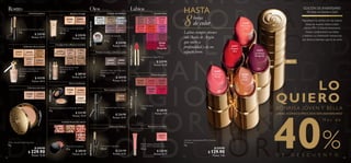 32089Natural
42 43
 ﻿Giordani Labial Icónico FPS 15 Edición
Aniversario
4 g
  $ 229.90
 $ 129.90
Puntos: 7.46
FPS 15
33271
Elegant
Red 33272
Luminous
Burgundy
33270
Vivacious
Coral
33269
Lustrous
Peony
33268
Silky
Nude
8horas
de color
HASTA EDICIÓN DE ANIVERSARIO
40 años de Giordani Gold
Rejuvenece tu sonrisa con los nuevos
tonos de nuestro clásico Labial
Icónico FPS 15 Edición Aniversario.
Nutre a profundidad tus labios
y restaura su hidratación natural con
una textura cremosa que no se corre.
Labios siempre jóvenes
con Aceite de Argán
que nutre a
profundidad y da un
aspecto joven.
 ﻿Corrector Cremoso en Barra
2 g
  $ 239.90
Puntos: 13.77
31367Medium
Rostro
Cobertura perfecta
Cobertura efecto natural
32088
Light
 ﻿ Polvo Giordani Gold Supremo
9 g
  $ 309.90
 $ 229.90
Puntos: 13.20
Cobertura anti edad
 ﻿Giordani Gold Base Ultra Fina
Perfeccionadora Efecto
Natural
30 ml
  $ 419.90
Puntos: 24.11
Acabado MateAcabado ultrabrillante
Labios
30992
Frosted
White
30993
Gold
Sparkle
30994
Shimmering
Grey
30995
Crystal
Taupe
30996
Bronzed
Burgundy
30996BronzedBurgundy
 ﻿Sombra de Ojos en
Crema
4.5 g
  $ 259.90
Puntos: 14.92
32319
Fresh
Pink
32320
Perfect
Peach
32318
Pink
Touch
32321
Orange
Coral
32322
Violet
Pink
32323
Bright
Berry
32324
Dusky
Rose
32325
Forever
Red
32326
Dark
Burgundy
32320PerfectPeach
 ﻿Labial Icónico Mate FPS 12
4 g
  $ 229.90
Puntos: 13.20
31381
Nude
31384
Pink
31382
Coral
31383
Rose
31385
Red
 ﻿Lápiz de labios
1.6 g
  $ 169.90
Puntos: 9.75
Delineado preciso
Textura creomsa, acabado en polvo
31381Nude
Para enmarcar tu mirada
Ojos
 ﻿Gel Fijador de Cejas Giordani
Gold
4 ml
  $ 224.90
Puntos: 12.91
31430
Blonde
33093
Brown
33092
Blonde
 ﻿Giordani Gold Lápiz Precisión
Doble para Cejas
1.2 g
  $ 209.90
Puntos: 12.05
32920
Porcelain
32921
Light
Ivory
32922
Natural
Beige
32923
Amber
32919
Vanilla
32089
Natural
32317
Nude
Rose
32414
Pink
 ﻿Bálsamo Rejuvenecedor de
Labios FPS 12 Giordani Gold
10 ml
  $ 239.90
Puntos: 13.77
 ﻿Delineador Caligráfico
0.8 ml
  $ 224.90
Puntos: 12.91
30772Black
Delineado Perfecto
 ﻿Crema Correctora de Cutis
con FPS 35
40 ml
  $ 339.90
Puntos: 19.51
30988
Light
30989
Natural
Ilumina y Corrige
Con pigmentos difusores antiedad
31806
Natural
Beige
31802
Porcelain
31804
Light
Ivory
31803
Light
Rose
31805
Rose
Beige
31804LightIvory
 ﻿Base Mineral de Larga
Duración FPS 15
30 ml
  $ 389.90
Puntos: 22.39
Efecto matificante
 ﻿Polvos Compactos con Minerales FPS 15
9 g
  $ 334.90
Puntos: 19.23
31808Light
31808
Light
31809
Natural
32057
Translucent
32082
Natural
Bronze
32081
Natural
Radiance
32083
Natural
Peach
32084
Dark
Bronze
Acabado bronceado natural
 ﻿Perlas Bronceadoras
25 g
  $ 389.90
Puntos: 22.39
SONRISA JOVEN Y BELLA
LABIAL ICÓNICO FPS15 EDICIÓN ANIVERSARIO
%40
M á s d e
 