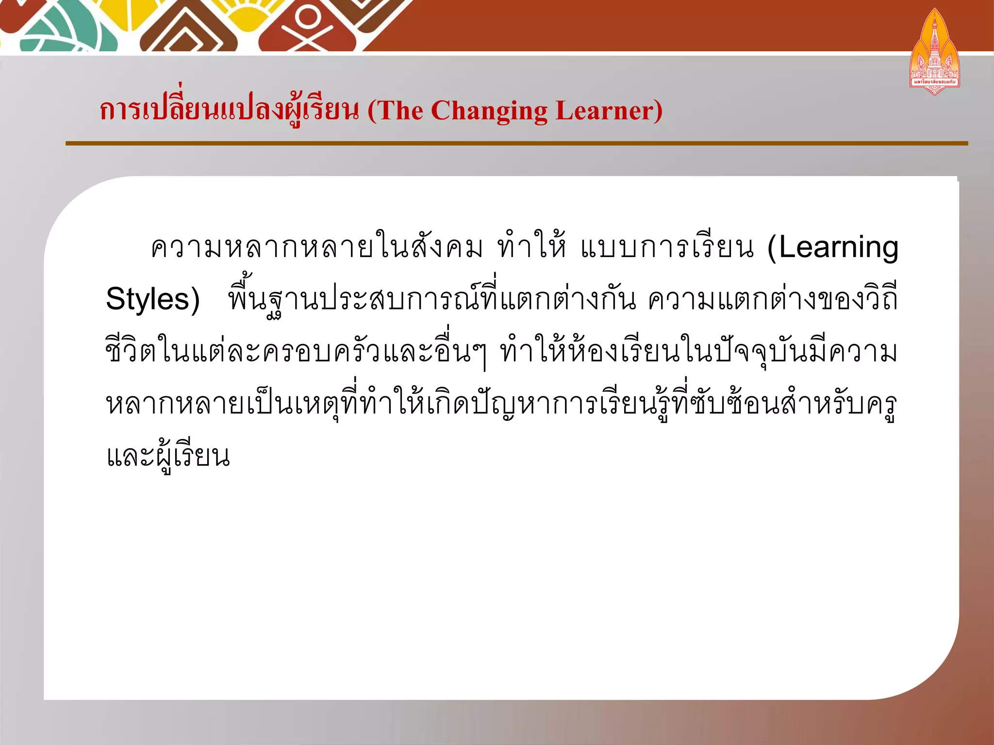การเปลี่ยนแปลงผู้เรียน (The Changing Learner)
ความหลากหลายในสังคม ทาให้ แบบการเรียน (Learning
Styles) พื้นฐานประสบการณ์ที่แตกต่างกัน ความแตกต่างของวิถี
ชีวิตในแต่ละครอบครัวและอื่นๆ ทาให้ห้องเรียนในปัจจุบันมีความ
หลากหลายเป็นเหตุที่ทาให้เกิดปัญหาการเรียนรู้ที่ซับซ้อนสาหรับครู
และผู้เรียน
 