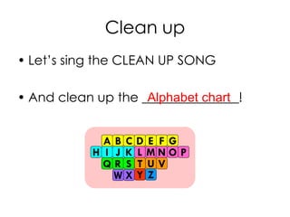 Clean up
• Let’s sing the CLEAN UP SONG
• And clean up the _______________!Alphabet chart
A B C D E F G
H I J K L M N O P
Q R S T U V
W X Y Z
 