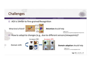 Challenges
p AOI is similar to fine-grained Recognition
p How to adapt to changes (e.g., due to different sensors/viewpoints)?
What kind of bird? Attentionshould help
image source
http://yassersouri.github.io/pages/fast-bird-part.html
Domain shift
image source
http://vision.cs.uml.edu/adaptation.html
Domain adaption should help
 