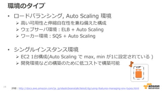環境のタイプ
• ロードバランシング, Auto Scaling 環境
 高い可用性と伸縮自在性を兼ね備えた構成
 ウェブサーバ環境：ELB + Auto Scaling
 ワーカー環境：SQS + Auto Scaling
• シングルインスタンス環境
 EC2 1台構成(Auto Scaling で max, min が1に設定されている )
 開発環境などの構築のために低コストで構築可能
14
詳細：http://docs.aws.amazon.com/ja_jp/elasticbeanstalk/latest/dg/using-features-managing-env-types.html
EIP
 