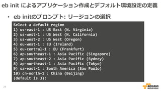 eb init によるアプリケーション作成とデフォルト環境設定の定義
• eb initのプロンプト: リージョンの選択
Select a default region
1) us-east-1 : US East (N. Virginia)
2) us-west-1 : US West (N. California)
3) us-west-2 : US West (Oregon)
4) eu-west-1 : EU (Ireland)
5) eu-central-1 : EU (Frankfurt)
6) ap-southeast-1 : Asia Pacific (Singapore)
7) ap-southeast-2 : Asia Pacific (Sydney)
8) ap-northeast-1 : Asia Pacific (Tokyo)
9) sa-east-1 : South America (Sao Paulo)
10) cn-north-1 : China (Beijing)
(default is 3):
24
 